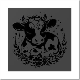 Cute Cow with Floral Wreath Black and White Artwork Posters and Art